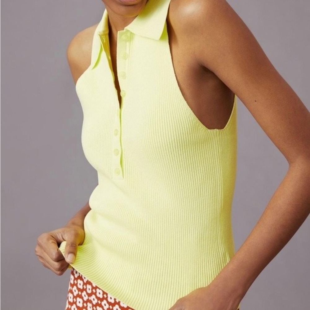 525 America Women Yellow Ribbed Sleeveless Polo Sweater Tank Top Size XS
